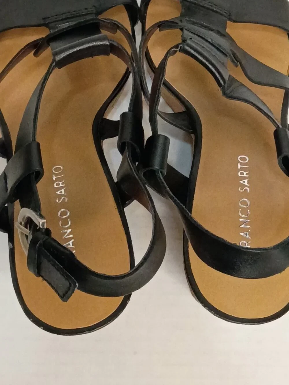 Franco Sarto Cera Black Leather Strappy Cork Wedge Sandals Size Women's 9.5 M